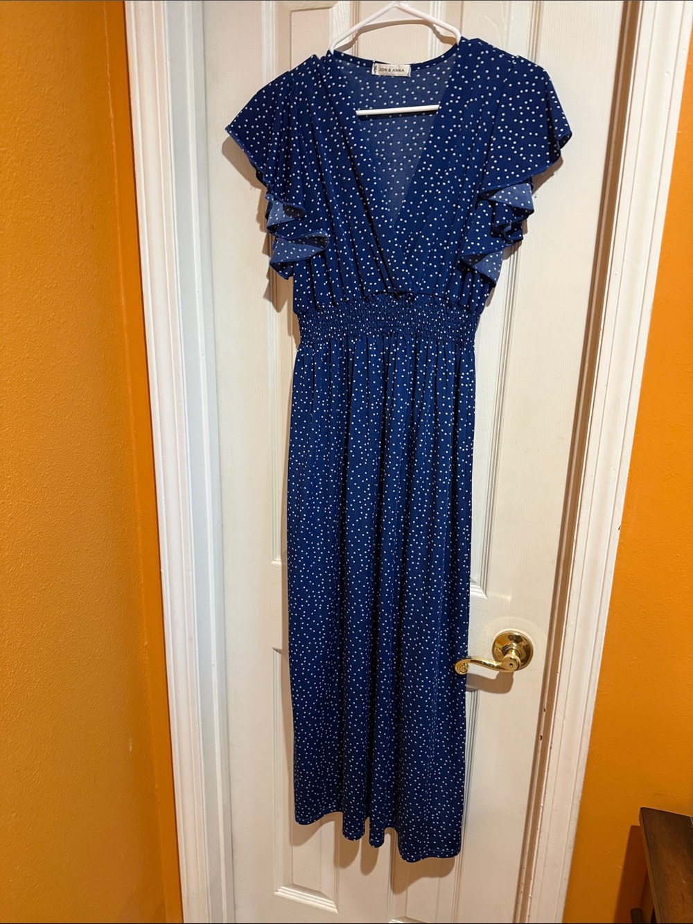 Blue Polka Dot Flutter-Sleeve Maxi Dress - Size L